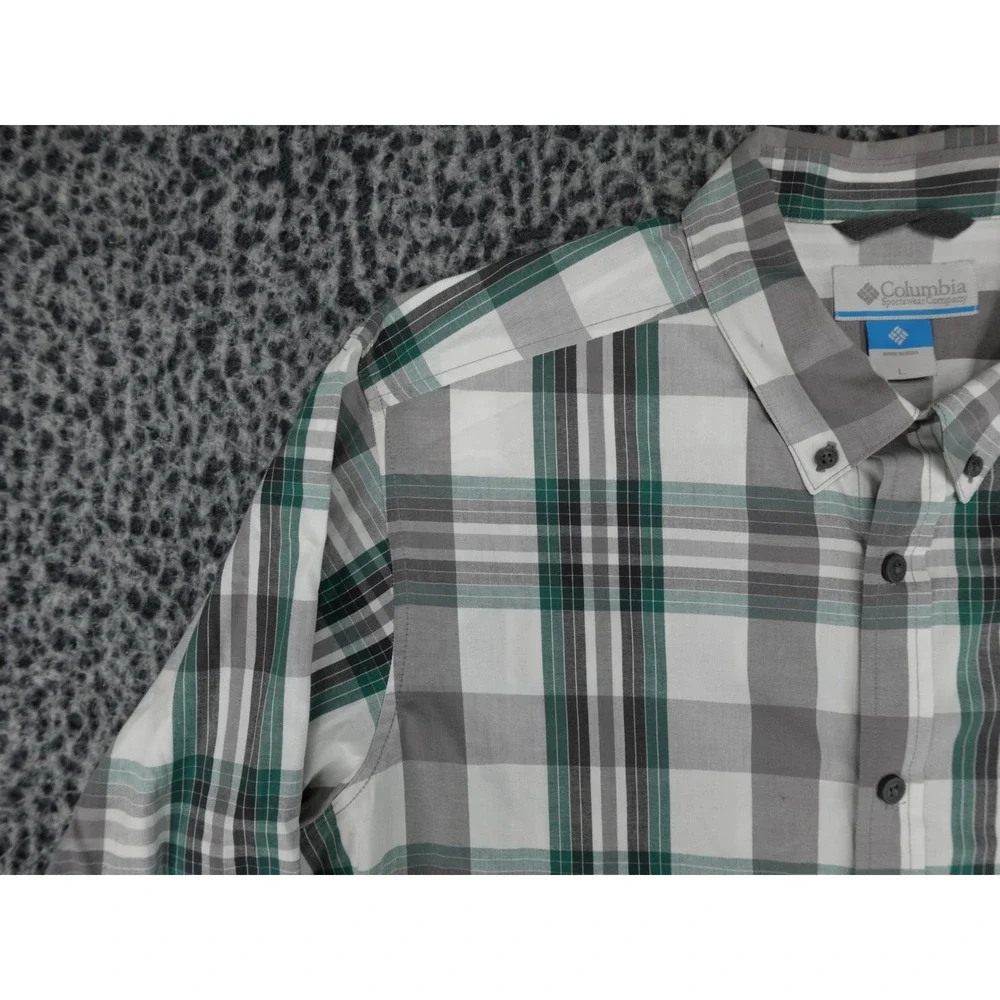 Columbia Plaid Button Down Shirt Mens‎ Large Green Gray Long Sleeve Outdoor